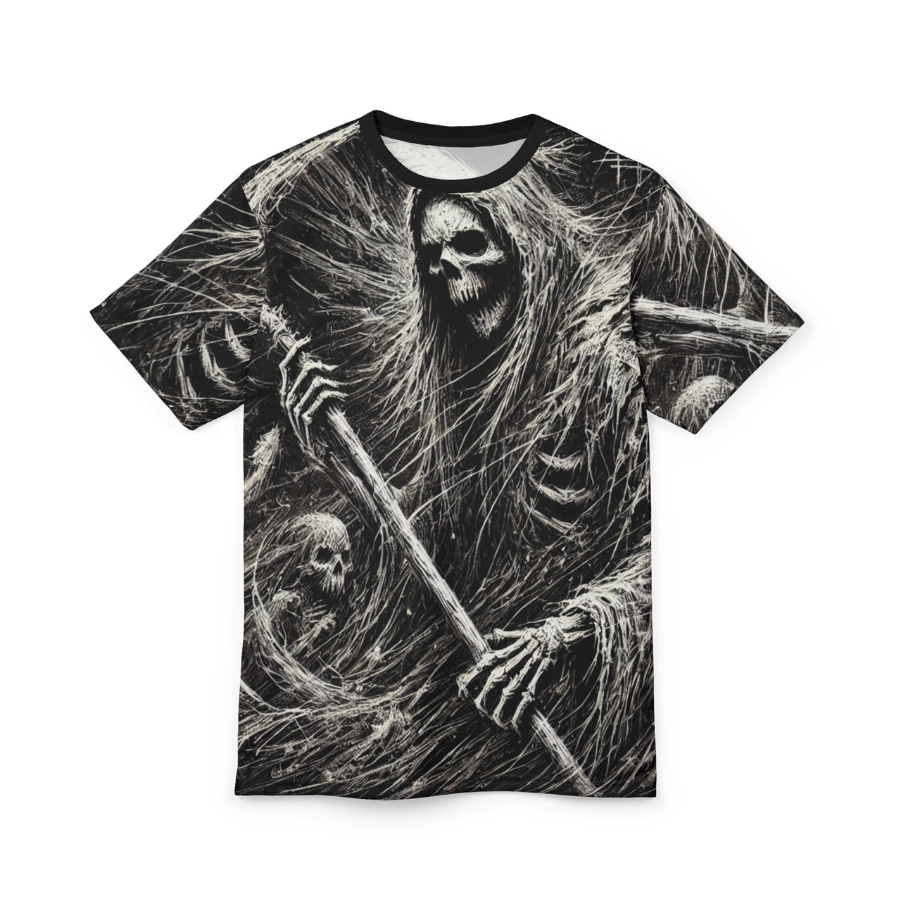 Macabre Threads Black stitching Wraith’s Embrace All-Over Print T-Shirt – Reaper’s Reckoning Horror Tee