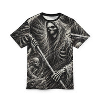 Macabre Threads Black stitching Wraith’s Embrace All-Over Print T-Shirt – Reaper’s Reckoning Horror Tee