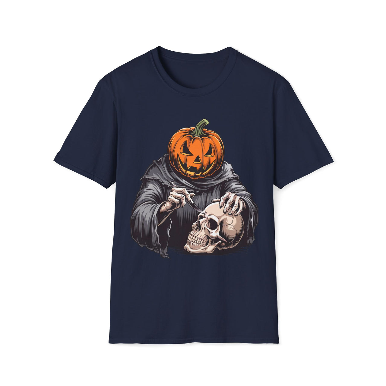 Macabre Threads Navy Pumpkin Head T-Shirt – Creepy Halloween Skull Tee