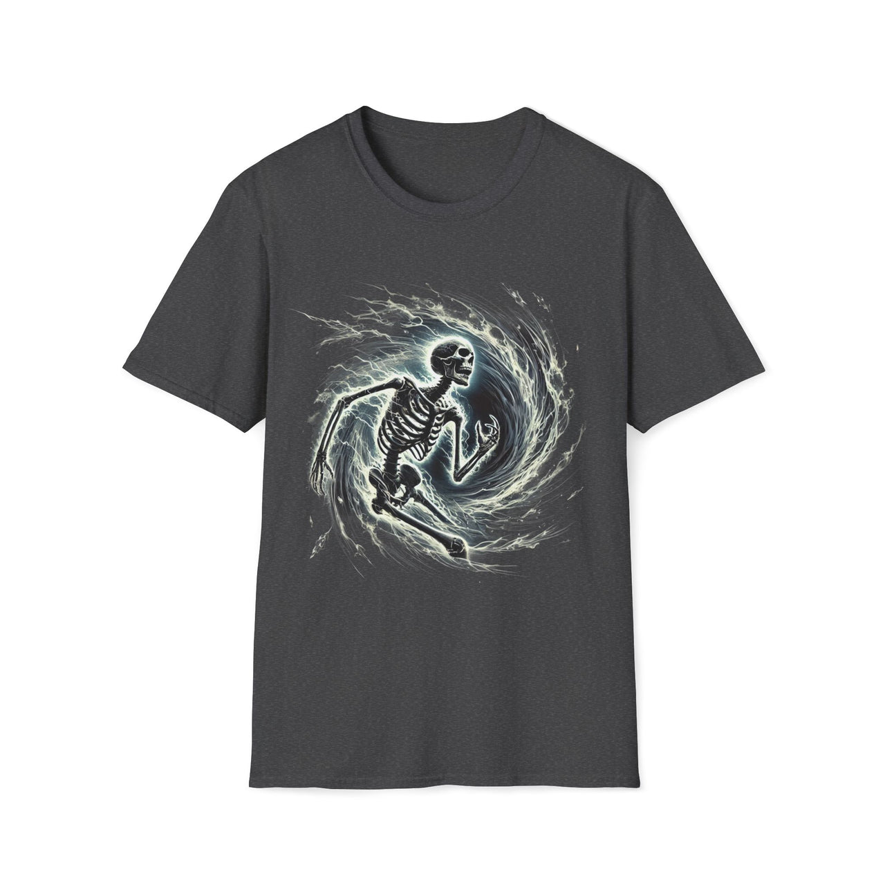 Macabre Threads Dark Heather Vortex Revenant T-Shirt – Gothic Skeleton in Swirling Energy