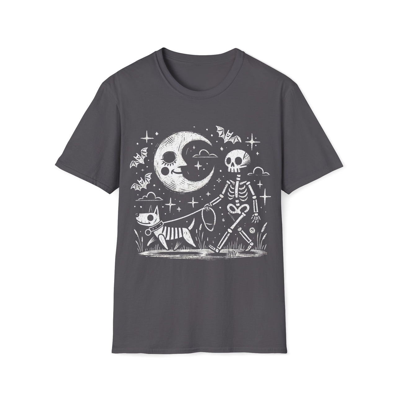 Macabre Threads Charcoal Midnight Stroll T-Shirt – Whimsical Gothic Skeleton and Dog Design
