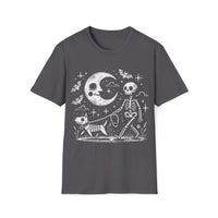 Macabre Threads Charcoal Midnight Stroll T-Shirt – Whimsical Gothic Skeleton and Dog Design