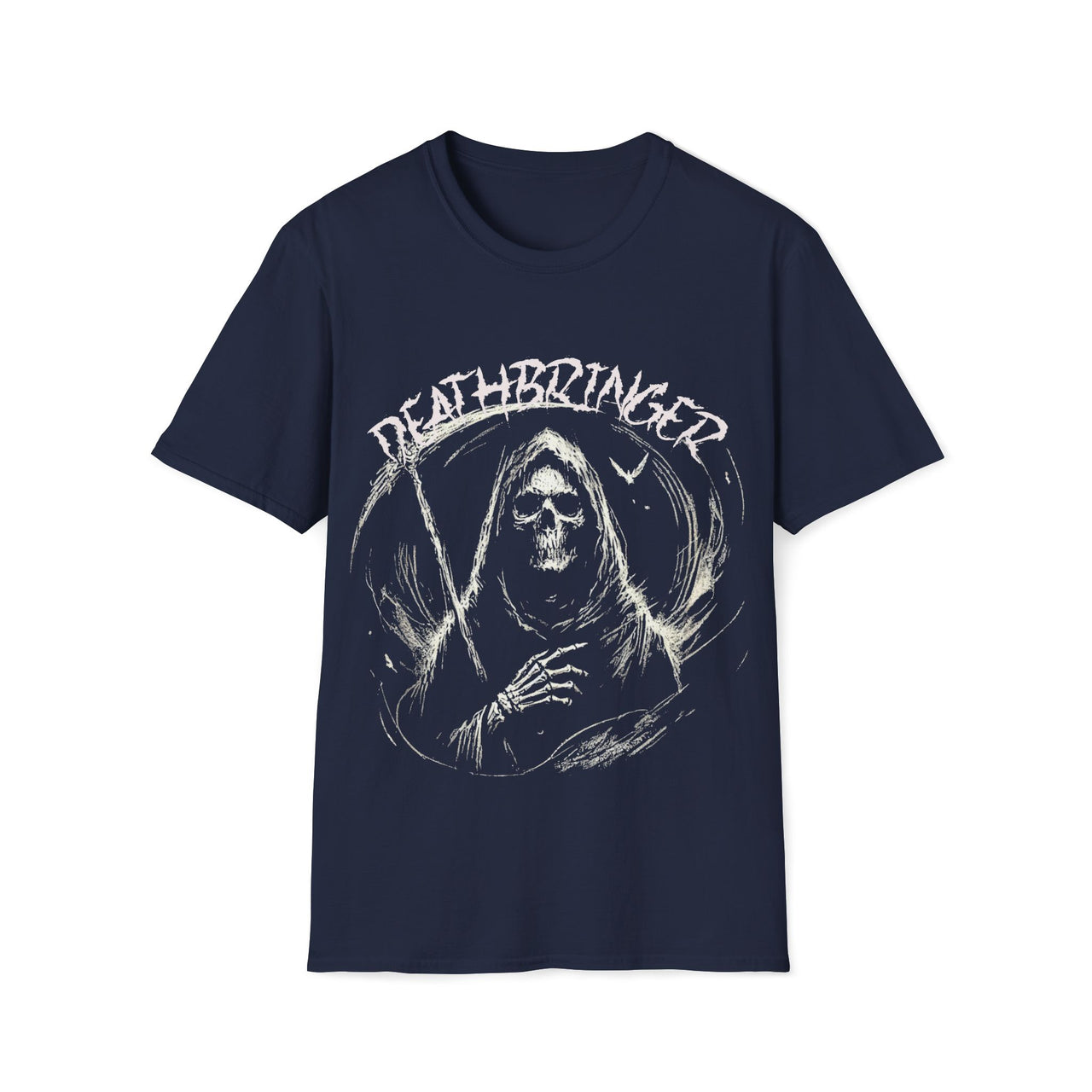 Macabre Threads Navy Deathbringer – Classic Grim Reaper T-Shirt