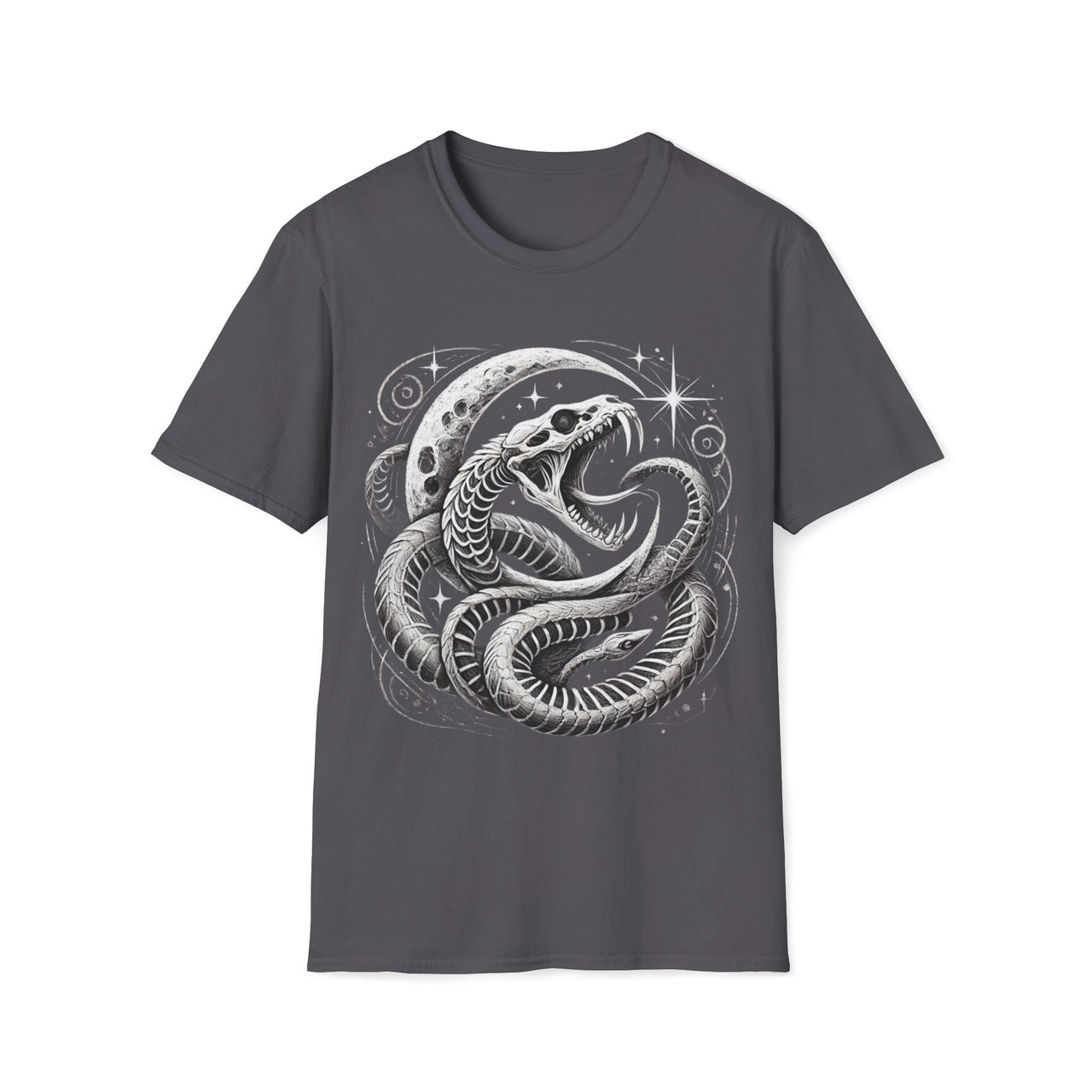 Macabre Threads Charcoal Lunar Coil – Gothic Moon Serpent T-Shirt
