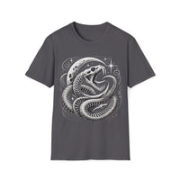 Macabre Threads Charcoal Lunar Coil – Gothic Moon Serpent T-Shirt