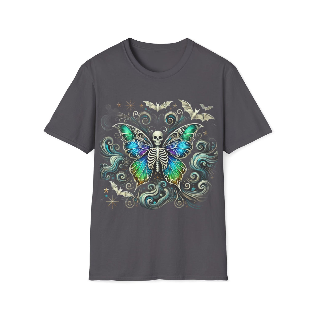 Macabre Threads Charcoal Ethereal Rebirth – Gothic Skeleton Butterfly T-Shirt