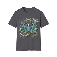 Macabre Threads Charcoal Ethereal Rebirth – Gothic Skeleton Butterfly T-Shirt