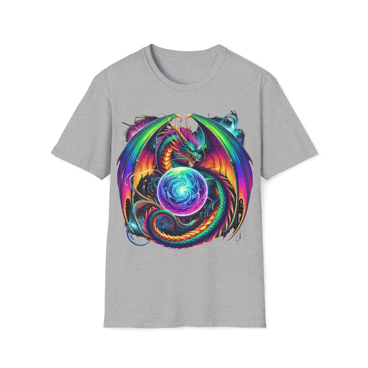 Macabre Threads Sport Grey Celestial Fury T-Shirt – Gothic Dragon Cosmic Orb Design