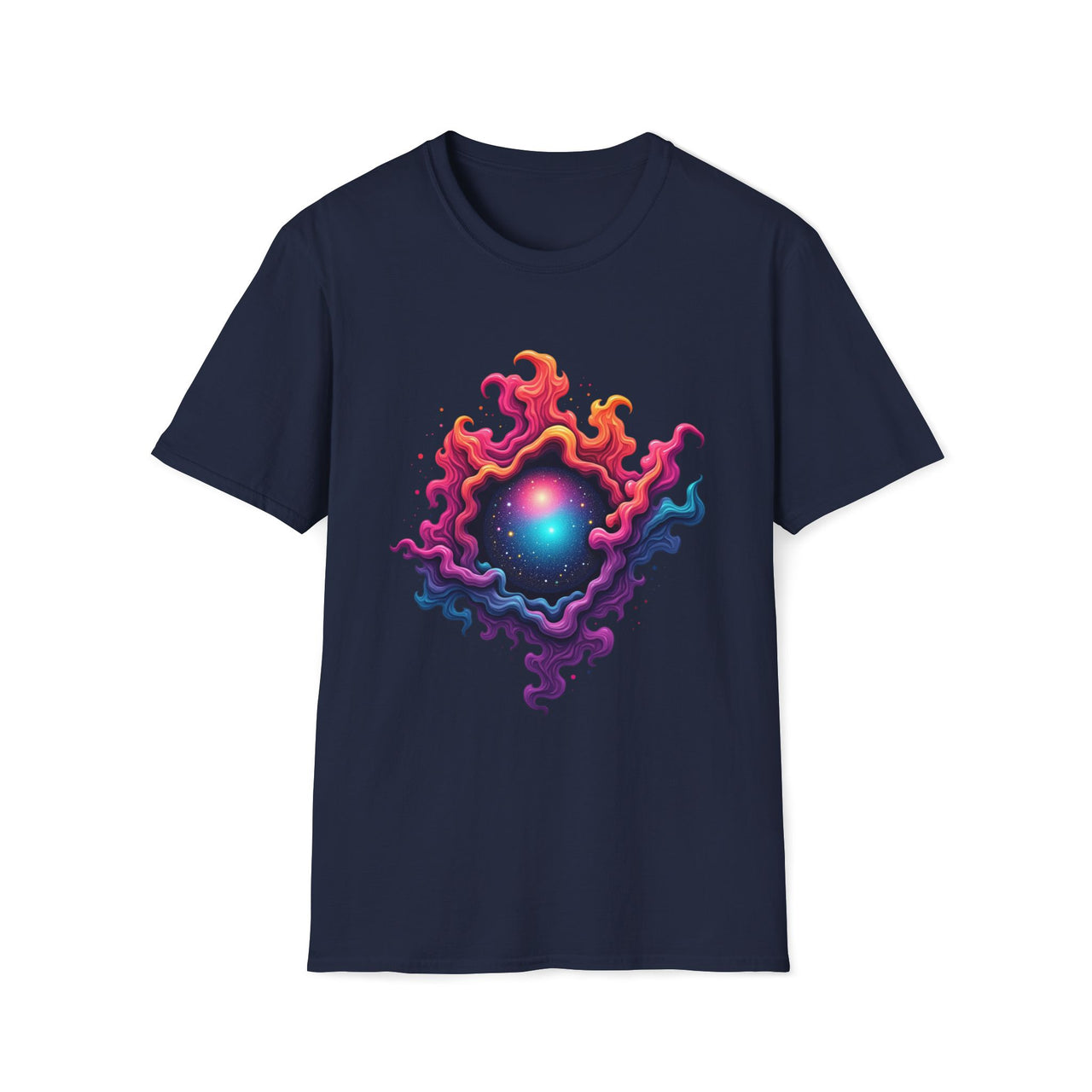 Macabre Threads Navy Mystic Swirl T-Shirt – Cosmic Energy Vortex Graphic Tee
