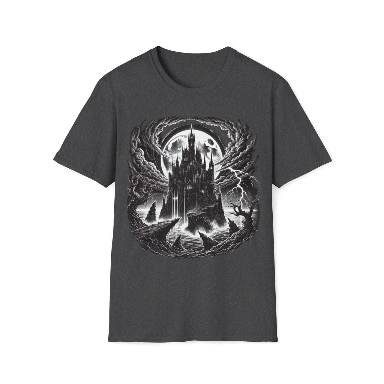 Macabre Threads Dark Heather Citadel Of Shadows - Gothic Castle In Storm Tee