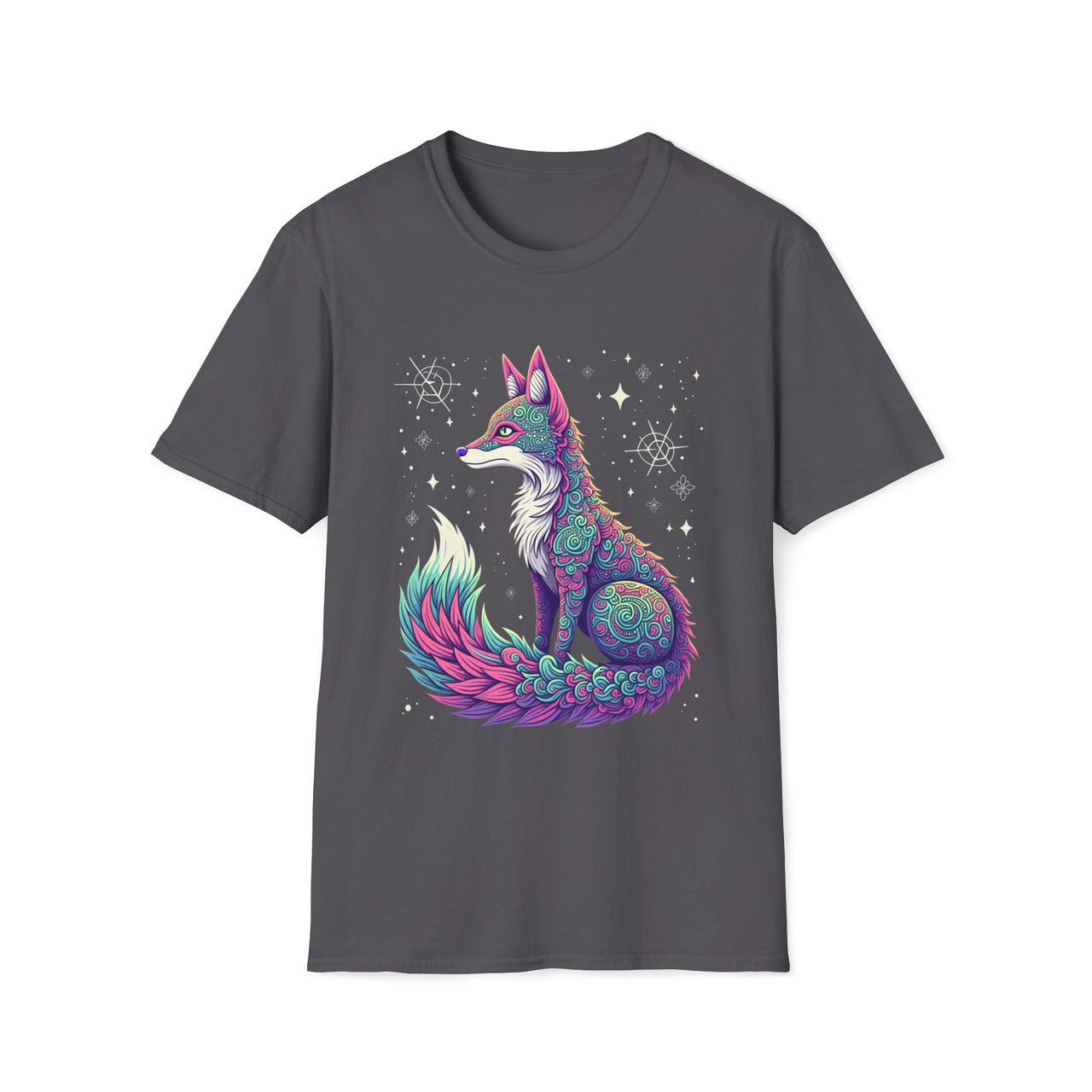 Macabre Threads Charcoal Cosmic Fox T-Shirt – Mystical Neon Fox Graphic Tee