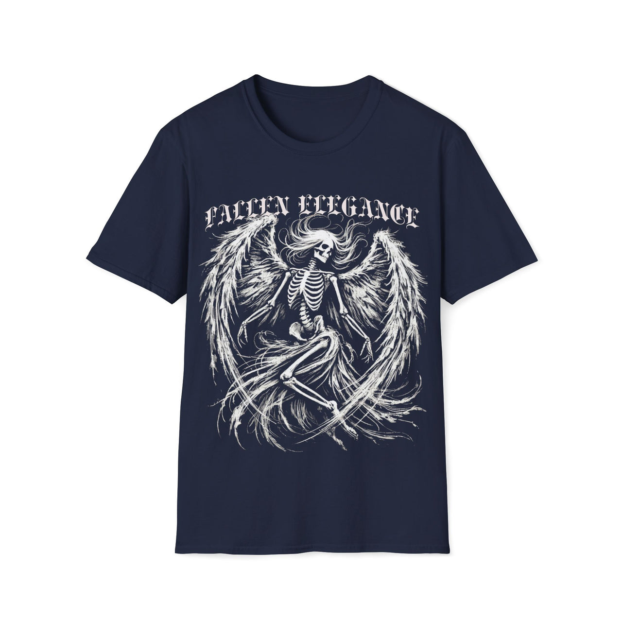 Macabre Threads Navy Fallen Elegance T-Shirt – Gothic Skeleton Angel Tee