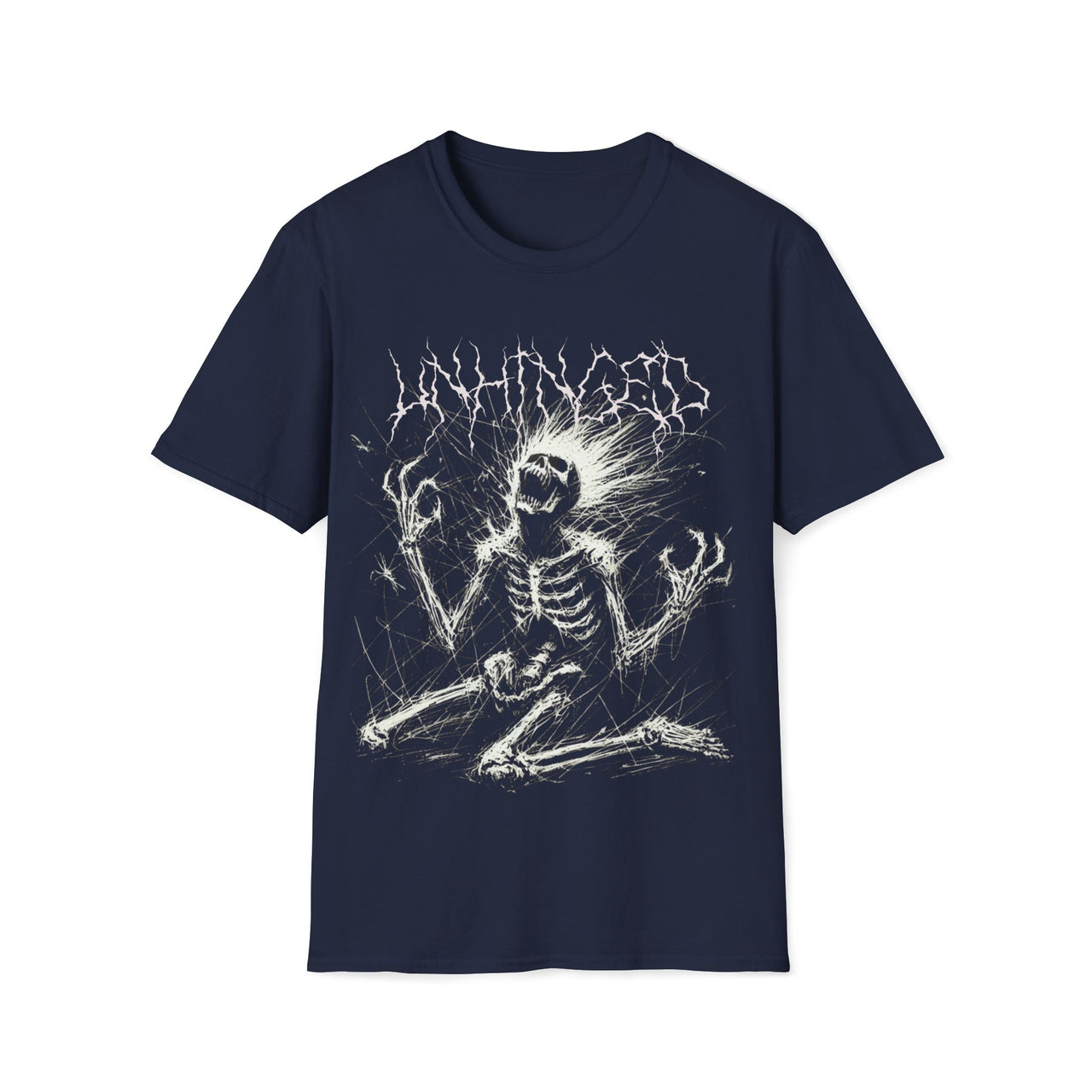 Macabre Threads Navy Unhinged T-Shirt – Screaming Skeleton Shock Tee